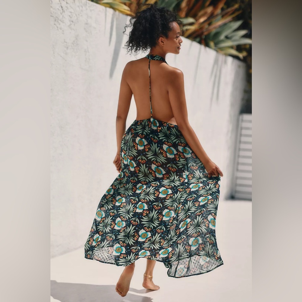 ANTHROPOLOGIE X Brenda Quinn V-Neck Halter maxi Dress xs tropical print - Picture 4 of 11